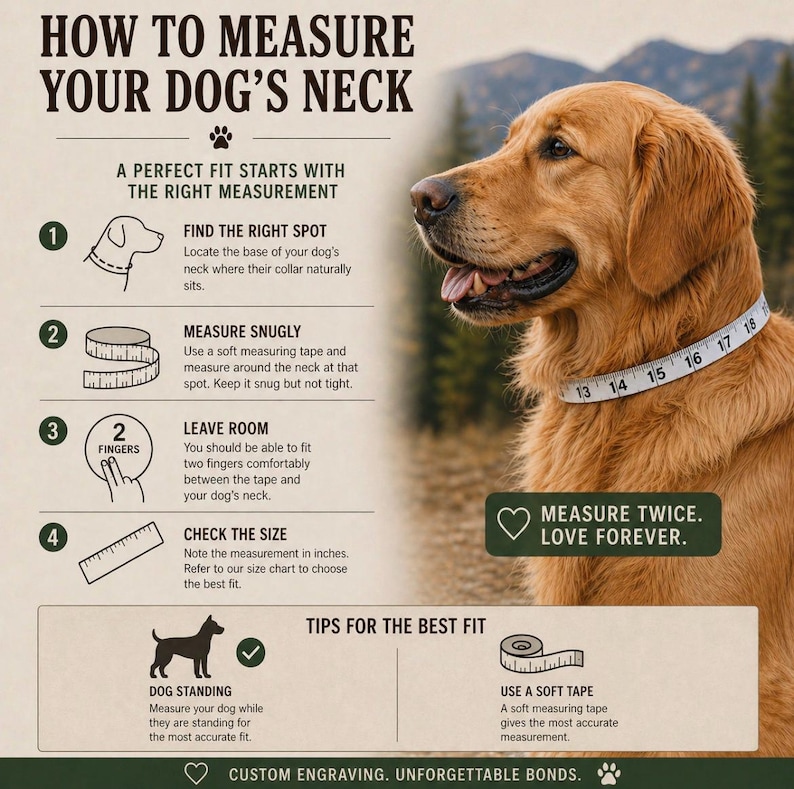 May include: An instructional graphic on how to measure a dog's neck for a collar. The image includes a golden retriever wearing a measuring tape, with text instructions and illustrations. The text reads "Measure Twice. Love Forever."