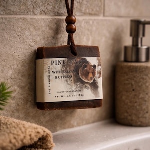 Bear Pine Tar Soap on Rope, Balsam Cypress Forest Scent, Rustic Woodland Bar