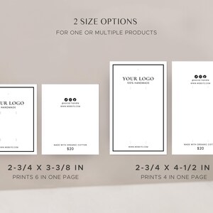 May include: Two different sized printable earring cards with a black border. The larger card is 4 1/2 inches by 2 3/4 inches and the smaller card is 3 3/8 inches by 2 3/4 inches. Both cards have space for a logo, website address, and a price. The text on the cards reads "Your Logo 100% Handmade" and "Made with Organic Cotton $20".