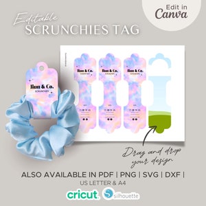 Etiqueta de Scrunchie Editável com Instruções de Cuidado | Etiqueta de Preço para Preparação de Feiras de Artesanato | Etiqueta de Presente para Madrinhas | Modelo Svg Pdf Dxf Png Canva