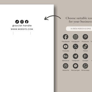 May include: A white background with a black arrow pointing to the right. The arrow points to a list of 16 rounded icons representing social media platforms. The icons are arranged in four rows of four icons each. The icons are black and white. The text "Choose suitable icons for your business" is above the icons. The text "16 ROUNDED ICONS" is above the text "Choose suitable icons for your business".