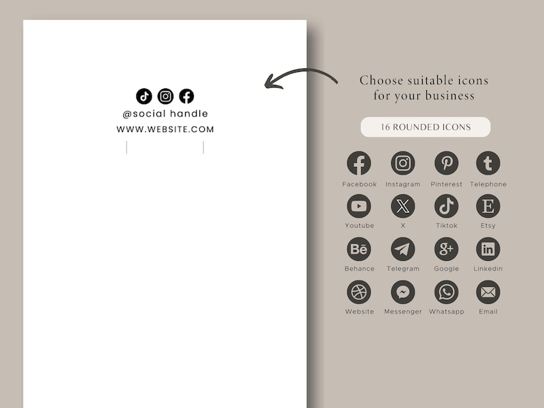 May include: A white background with a black arrow pointing to the right. The arrow points to a list of 16 rounded icons representing social media platforms. The icons are arranged in four rows of four icons each. The icons are black and white. The text "Choose suitable icons for your business" is above the icons. The text "16 ROUNDED ICONS" is above the text "Choose suitable icons for your business".