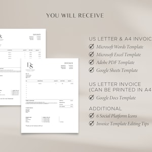 Pode incluir: Um download digital de um modelo de fatura nos tamanhos US Letter e A4. O modelo est&aacute; dispon&iacute;vel nos formatos Microsoft Word, Excel, Adobe PDF, Google Sheets e Google Docs. O download tamb&eacute;m inclui 6 &iacute;cones de plataformas sociais e dicas para editar modelos de fatura.