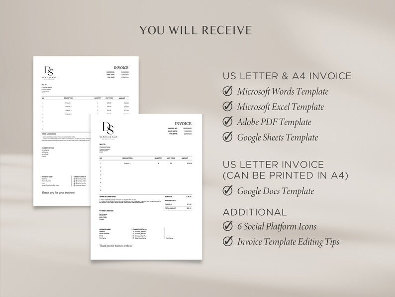 Pode incluir: Um download digital de um modelo de fatura nos tamanhos US Letter e A4. O modelo est&aacute; dispon&iacute;vel nos formatos Microsoft Word, Excel, Adobe PDF, Google Sheets e Google Docs. O download tamb&eacute;m inclui 6 &iacute;cones de plataformas sociais e dicas para editar modelos de fatura.