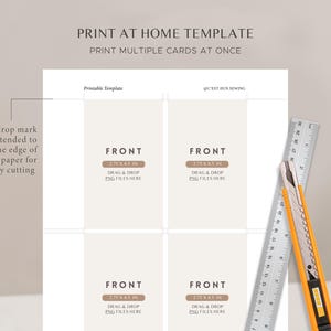 May include: Printable template for creating 2.75 x 4.25 inch cards. The template has four card layouts with crop marks for easy cutting. The text "FRONT" is printed on each card layout with instructions to drag and drop PNG files.