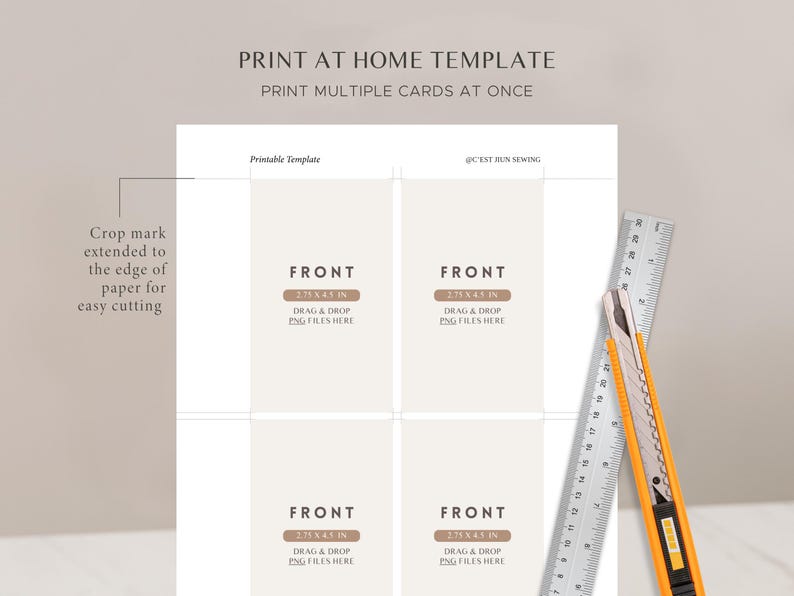 May include: Printable template for creating 2.75 x 4.25 inch cards. The template has four card layouts with crop marks for easy cutting. The text "FRONT" is printed on each card layout with instructions to drag and drop PNG files.