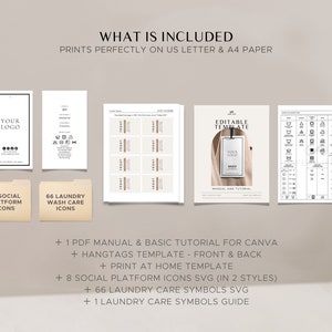 May include: A digital download for creating custom hangtags. The image shows a white hangtag template with the text "Editable Template" and "Your Logo". The download includes 1 PDF manual, 8 social media icons, 66 laundry care symbols, and a guide for using the symbols.