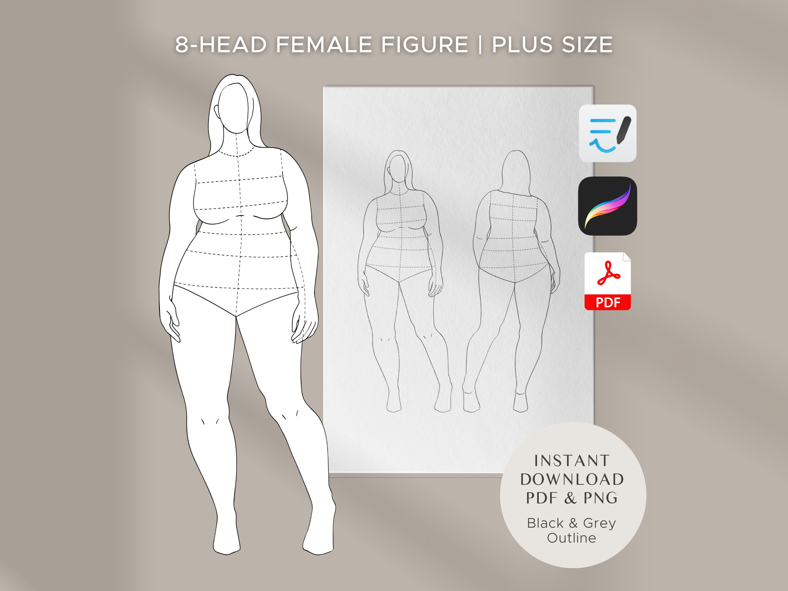 Plus Size Female Fashion Figure Templates - 8 Heads Croquis - Design Cuts