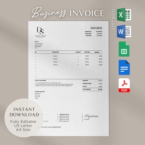 Bewerkbare factuursjabloon voor kleine bedrijven met logo | Pdf, Google Spreadsheets, Documenten, Excel en Words-versie inbegrepen | Afdrukbare download