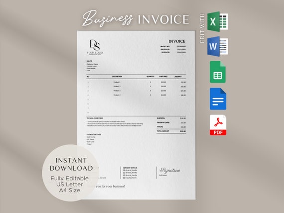 Editable Invoice Template: Small Business Branding (Fillable PDF, Google Sheets, Docs, Excel & Words)