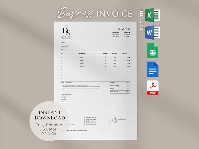 Pode incluir: Um modelo de fatura comercial em preto e branco com o texto "Business Invoice" no topo. O modelo &eacute; totalmente edit&aacute;vel e pode ser usado para papel de tamanho US Letter ou A4. O modelo inclui campos para o n&uacute;mero da fatura, a data da fatura, o nome do cliente, o endere&ccedil;o do cliente e uma tabela para listar os produtos e seus pre&ccedil;os.