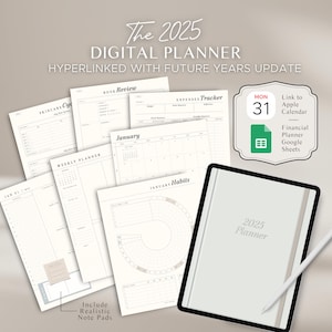 Pode incluir: Um planejador digital para 2025 com fundo branco e texto preto. O planejador inclui seções para cuidados com a pele, avaliações de livros, despesas, planejamento semanal, janeiro, hábitos e um bloco de notas. O planejador está hiperligado com atualizações para anos futuros e inclui links para o Calendário Apple, Google Sheets e um planejador financeiro.