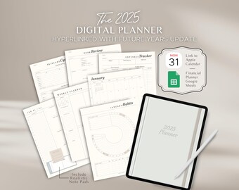 Peut inclure: Un planificateur numérique pour 2025 avec un fond blanc et du texte noir. Le planificateur comprend des sections pour les soins de la peau, les critiques de livres, les dépenses, la planification hebdomadaire, janvier, les habitudes et un bloc-notes. Le planificateur est hyperlié avec des mises à jour pour les années futures et comprend des liens vers le calendrier Apple, Google Sheets et un planificateur financier.