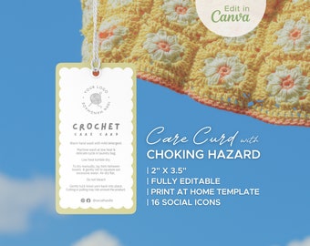 Druckbare häkeln Pflege Tags | Gestrickte Produkt-Anhänger | Waschanleitung (Canva Template)