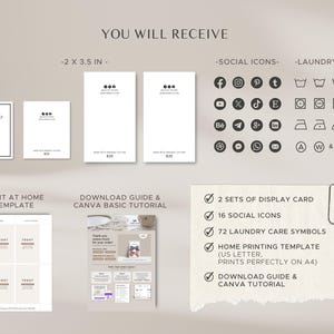 May include: A digital download for a printable home business card template. The template includes two sets of display cards, 16 social media icons, 72 laundry care symbols, and a home printing template that prints perfectly on US letter size paper. The download also includes a guide and Canva tutorial.