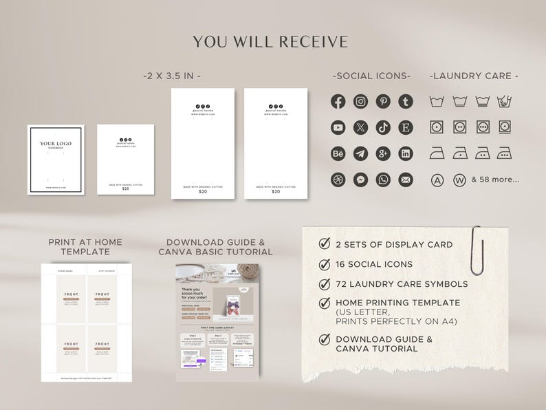 May include: A digital download for a printable home business card template. The template includes two sets of display cards, 16 social media icons, 72 laundry care symbols, and a home printing template that prints perfectly on US letter size paper. The download also includes a guide and Canva tutorial.