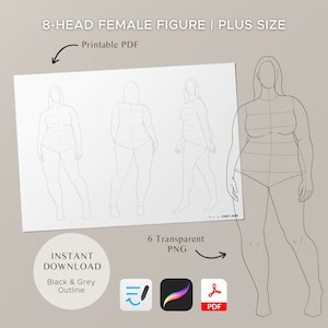 女性像ファッションクロッキー印刷可能テンプレート | ファッションイラストとスケッチブック用のプラスサイズの曲線美の女性の線画 | PDF および PNG