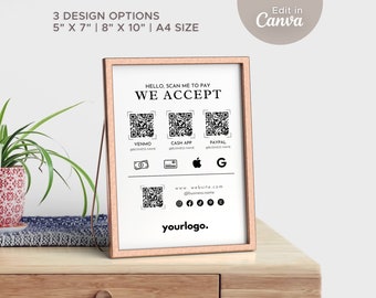 Scan To Pay QR Code Sign for Craft Show Display | Payment Sign Canva Template | Market Display with Social Media Icons | Venmo Sign