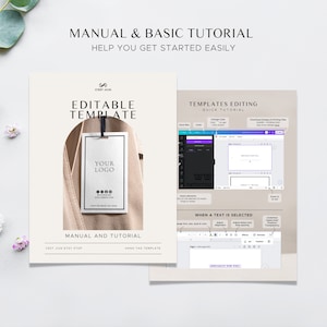 May include: A guide for using an editable hang tag template. The guide includes instructions for changing colors, adding text, and uploading logos. The template features a beige hang tag with a white label that says "Your Logo".