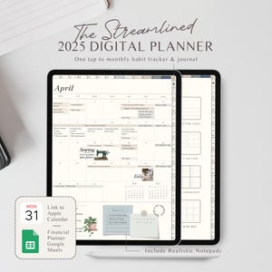 Puede incluir: Un planificador digital para 2025 con una vista de calendario mensual para abril. El planificador incluye un rastreador de hábitos, un diario y blocs de notas realistas. Se puede vincular a Apple Calendar, Google Sheets y un planificador financiero.