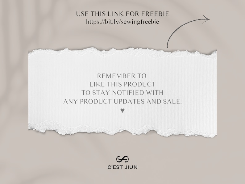 Pode incluir: Um peda&ccedil;o de papel branco com bordas rasgadas, contendo o texto "Remember to like this product to stay notified with any product updates and sale." O texto &eacute; seguido por um s&iacute;mbolo de cora&ccedil;&atilde;o. Abaixo do papel est&aacute; o texto "C'EST JIUN" com um s&iacute;mbolo de infinito estilizado.