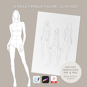 May include: A black and white outline drawing of a female figure with eight heads. The figure is in a standing pose with the legs slightly apart. The drawing is divided into sections with dotted lines. The text "8-HEAD FEMALE FIGURE | SLIM SIZE" is at the top of the image. The text "INSTANT DOWNLOAD PDF & PNG Black & Grey Outline" is at the bottom of the image.