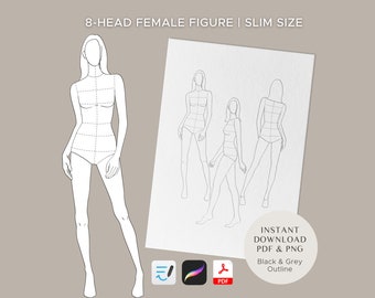 Female Figure Fashion Croquis Printable Template | Slim Women Line Drawing for Fashion Illustration and Sketch book | PDF & PNG