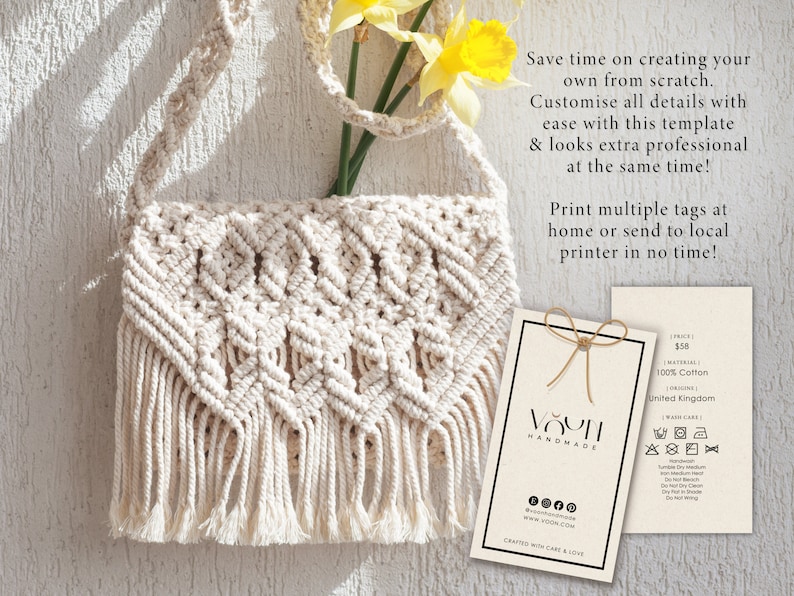 May include: A white crocheted bag with fringe hanging from the bottom. The bag is hanging from a hook on a white wall. A tag is attached to the bag with the text "VOUTH HANDMADE" and care instructions. The tag also includes the price of $58, the material (100% cotton), and the origin (United Kingdom).