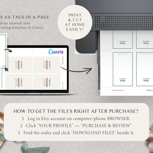 May include: A computer screen displaying a Canva template for printing 4x6 gift tags. The template has four boxes with the word "FRONT" in each box. The screen is next to a printer with a sheet of paper with four blank gift tags. The text "PRINTS 4/6 TAGS IN A PAGE" and "PRINT & CUT AT HOME EASILY!" is visible. The text "HOW TO GET THE FILES RIGHT AFTER PURCHASE?" is also visible with instructions on how to download the files.