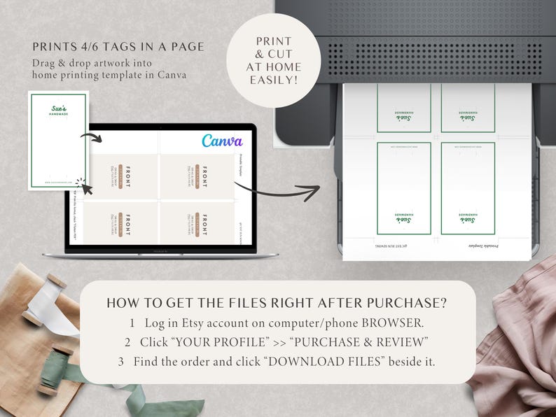 May include: A computer screen displaying a Canva template for printing 4x6 gift tags. The template has four boxes with the word "FRONT" in each box. The screen is next to a printer with a sheet of paper with four blank gift tags. The text "PRINTS 4/6 TAGS IN A PAGE" and "PRINT & CUT AT HOME EASILY!" is visible. The text "HOW TO GET THE FILES RIGHT AFTER PURCHASE?" is also visible with instructions on how to download the files.