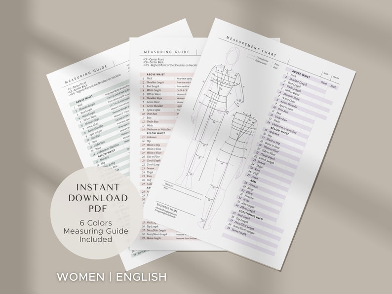 Printable Body Size Chart Fillable Women Measurement Template Light Colour Tailor Business PDF ...