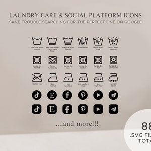 May include: A set of 88 black and white laundry care and social media icons. The icons include symbols for washing, drying, ironing, and social media platforms like TikTok, Instagram, Facebook, Pinterest, and more.
