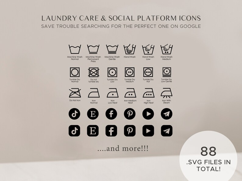 May include: A set of 88 black and white laundry care and social media icons. The icons include symbols for washing, drying, ironing, and social media platforms like TikTok, Instagram, Facebook, Pinterest, and more.