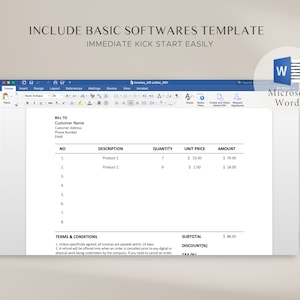 Pode incluir: Um modelo de fatura do Microsoft Word. O modelo inclui campos para informa&ccedil;&otilde;es do cliente, descri&ccedil;&otilde;es de produtos, quantidade, pre&ccedil;o unit&aacute;rio e valor. Tamb&eacute;m inclui termos e condi&ccedil;&otilde;es.