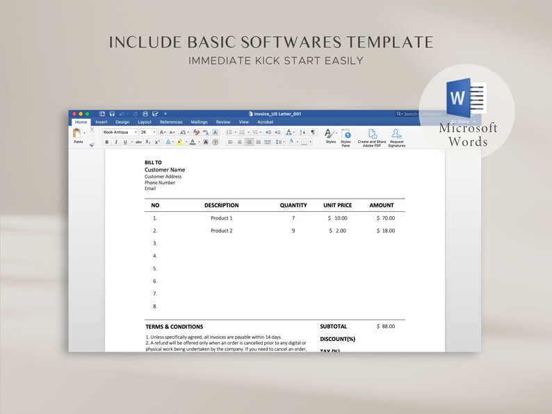 Pode incluir: Um modelo de fatura do Microsoft Word. O modelo inclui campos para informa&ccedil;&otilde;es do cliente, descri&ccedil;&otilde;es de produtos, quantidade, pre&ccedil;o unit&aacute;rio e valor. Tamb&eacute;m inclui termos e condi&ccedil;&otilde;es.
