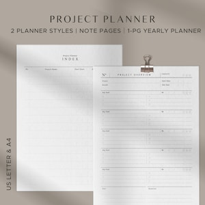 May include: A black and white printable project planner with two different planner styles, note pages, and a one-page yearly planner. The planner is available in US Letter and A4 sizes.