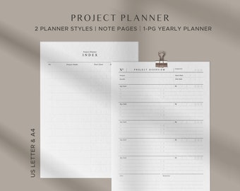May include: A black and white printable project planner with two different planner styles, note pages, and a one-page yearly planner. The planner is available in US Letter and A4 sizes.