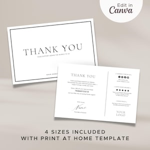 Bewerkbare bedankkaart voor bestelling | Canvassjabloon | Minimalistische bestelbijsluiters voor klant | Gepersonaliseerde bedankbriefjes