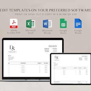 Pode incluir: Um laptop e um tablet exibindo um modelo de fatura em preto e branco com o texto "INVOICE" no topo. O modelo &eacute; personaliz&aacute;vel e pode ser editado no Adobe Acrobat PDF, Microsoft Excel, Microsoft Word, Google Sheets ou Google Docs.