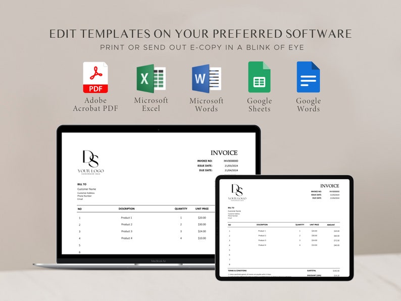 Pode incluir: Um laptop e um tablet exibindo um modelo de fatura em preto e branco com o texto "INVOICE" no topo. O modelo &eacute; personaliz&aacute;vel e pode ser editado no Adobe Acrobat PDF, Microsoft Excel, Microsoft Word, Google Sheets ou Google Docs.