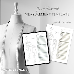 May include: A digital tablet displaying a measurement template for women's clothing in English. The template includes a line drawing of a woman's body with measurement points labelled. The text "Small Business Measurement Template" is at the top of the page. Add your logo.