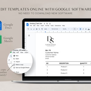 Pode incluir: A tela de um computador port&aacute;til que mostra um documento do Google Docs com um modelo de fatura. O modelo de fatura &eacute; intitulado "Invoice_C'est Jiun" e inclui campos para o nome do cliente, endere&ccedil;o, n&uacute;mero de telefone, e-mail, descri&ccedil;&atilde;o, quantidade, pre&ccedil;o unit&aacute;rio e valor. O modelo de fatura foi projetado para ser usado com Google Docs e Sheets.
