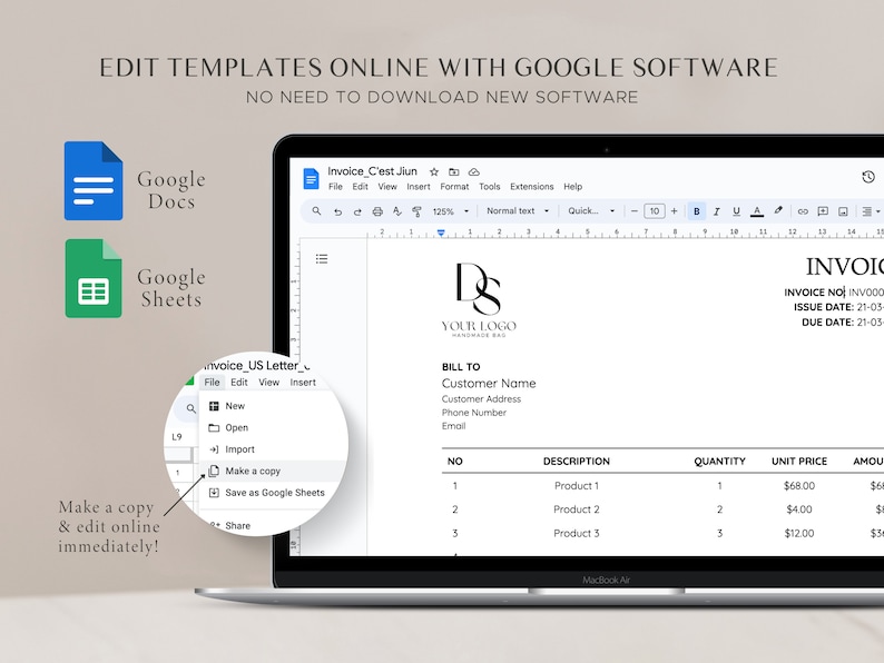 Pode incluir: A tela de um computador port&aacute;til que mostra um documento do Google Docs com um modelo de fatura. O modelo de fatura &eacute; intitulado "Invoice_C'est Jiun" e inclui campos para o nome do cliente, endere&ccedil;o, n&uacute;mero de telefone, e-mail, descri&ccedil;&atilde;o, quantidade, pre&ccedil;o unit&aacute;rio e valor. O modelo de fatura foi projetado para ser usado com Google Docs e Sheets.