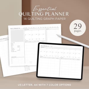 May include: A quilting planner with 29 pages, including 14 pages of graph paper. The planner is designed for quilting projects and includes sections for project details, fabric requirements, and quilting notes. The planner is available in US Letter and A4 sizes and in 7 color options.