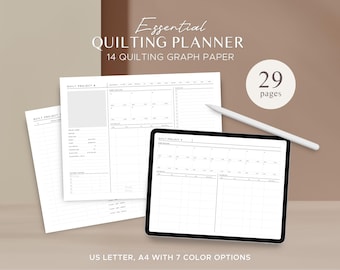 May include: A quilting planner with 29 pages, including 14 pages of graph paper. The planner is designed for quilting projects and includes sections for project details, fabric requirements, and quilting notes. The planner is available in US Letter and A4 sizes and in 7 color options.