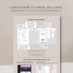 May include: A Canva tutorial graphic with instructions on how to manipulate elements in a design. The graphic shows a design with a logo and text, and includes instructions on how to bring elements to the front or back, change transparency, rotate, and move elements. The graphic also includes instructions on how to automatically apply colors from PNG or JPG files.