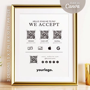 Scan To Pay QR-Code-Zeichen für Craft Show Display | Zahlungs-Zeichen Canva Vorlage | Marktanzeige mit Social Media Icons | Venmo Zeichen