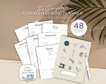 May include: A printable sewing planner with 48 different layouts. The planner includes pages for measuring, sewing goals, fabric swatches, and project planning. It also includes free printable sticker sheets with sewing-themed illustrations.