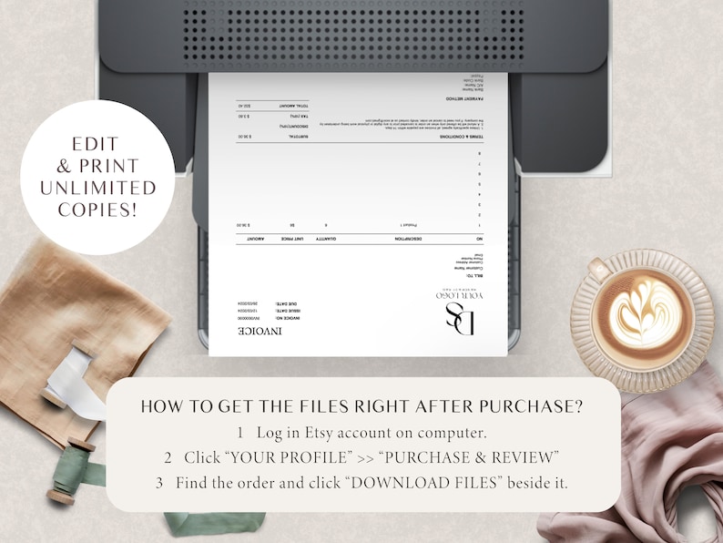 Pode incluir: Um modelo de fatura imprim&iacute;vel branco com o texto "Invoice" e o logotipo "SD" em preto. A imagem mostra uma impressora com o modelo de fatura na bandeja. O texto "Edit & Print Unlimited Copies!" est&aacute; em um c&iacute;rculo no lado esquerdo da imagem. O texto "HOW TO GET THE FILES RIGHT AFTER PURCHASE?" est&aacute; na parte inferior da imagem com instru&ccedil;&otilde;es sobre como baixar os arquivos.