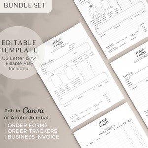 May include: A bundle set of editable templates for business use. The set includes order forms, order trackers, and business invoices. The templates are designed for US Letter and A4 sizes and are fillable PDFs. The templates can be edited in Canva or Adobe Acrobat.
